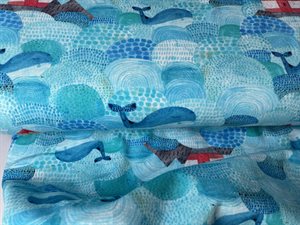 Bomuldsjersey - lækre akvarel toner med hvaler